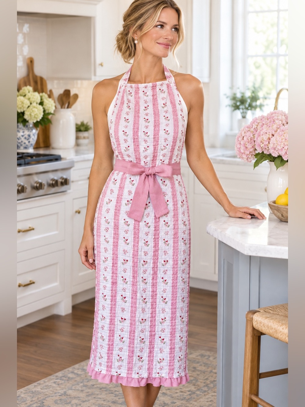 NWT LAURA ASHLEY HEART FLOWER STRIPE APRON- PINK & WHITE